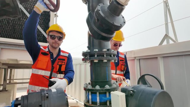Construction workers in safety vests and hard hats inspect industrial piping on a rooftop