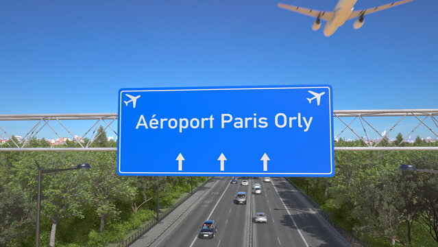 Blue motorway sign for Paris Orly Airport with an airliner flying above along the road toward the airport. 3D rendering