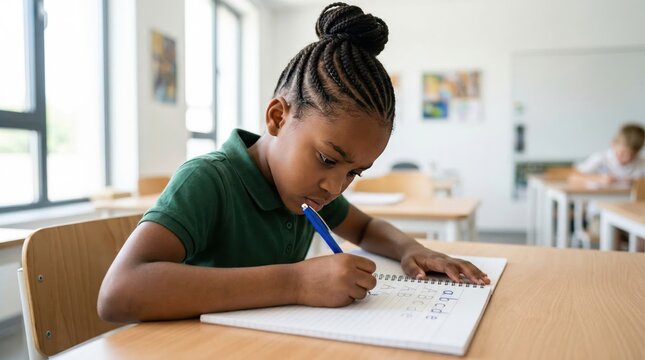 Young Black girl practicing calligraphy in a classroom. Focused student writing alphabet in a spiral notebook. Elementary school education and literacy concept
