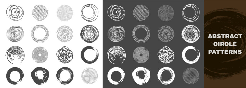 Abstract circle pattern set with diverse textured line ornaments on transparent background