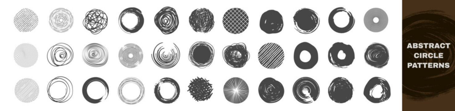Abstract circle pattern set with varied hand drawn ornaments on transparent background