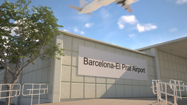 Barcelona El Prat Airport entrance sign and airplane passing above on a summer day, Barcelona, Spain 3D rendering