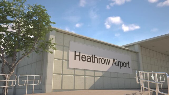 London Heathrow Airport entrance sign and airplane passing above on a summer day, London, United Kingdom