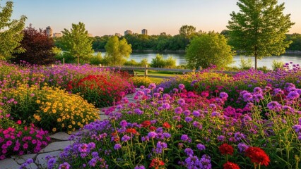 Obraz premium vibrant lakeside flower garden at golden hour with colorful blooms and serene waterfront view