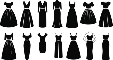 Black Silhouette Women Dress and Gown Fashion Icon Set with Different Styles for Clothing and Apparel Design Elements © AFRUZA