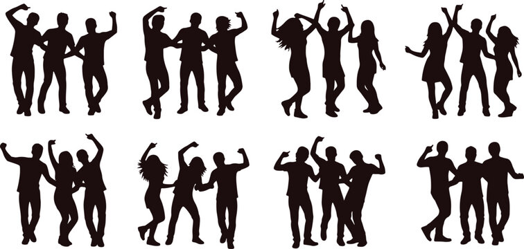 Several groups of people dancing energetically and having fun at a celebration, silhouettes.
