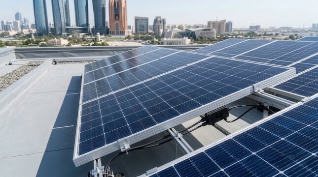 Solar panels on a rooftop with a modern city skyline background.