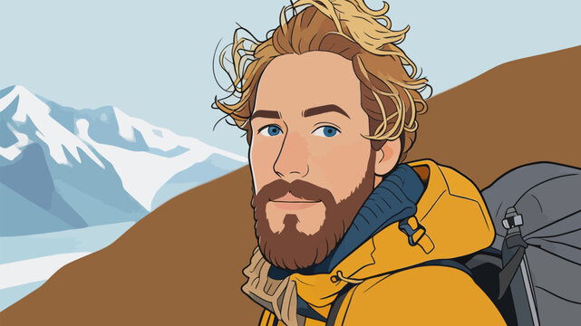 Illustrated male hiker posing in snowy mountain wilderness