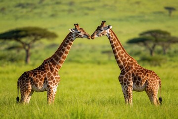 Obraz premium Two giraffes interacting in grassland
