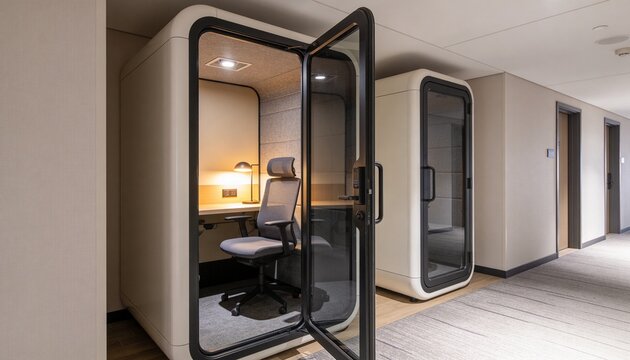 Modern soundproof office pod with open glass door in a hallway. Empty co-working workspace booth featuring an ergonomic chair and desk. Hospitality operations and corporate privacy concept