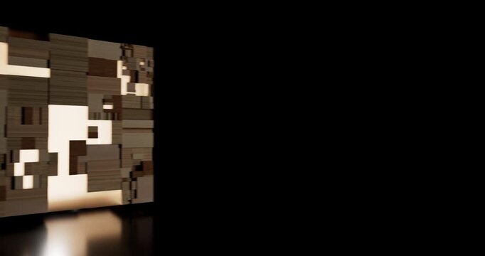 Illuminated geometric cubes constructed from wooden blocks glow in a dark futuristic environment.