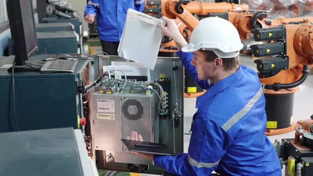 Industrial worker in blue uniform and hard hat inspecting robotic arms in a factory