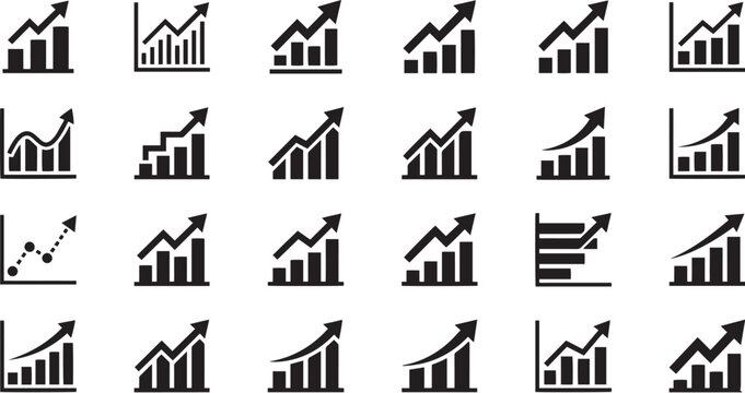 A set of various upward trending graphs and charts in black and white minimalist vector style, suitable for business presentations and financial analytics