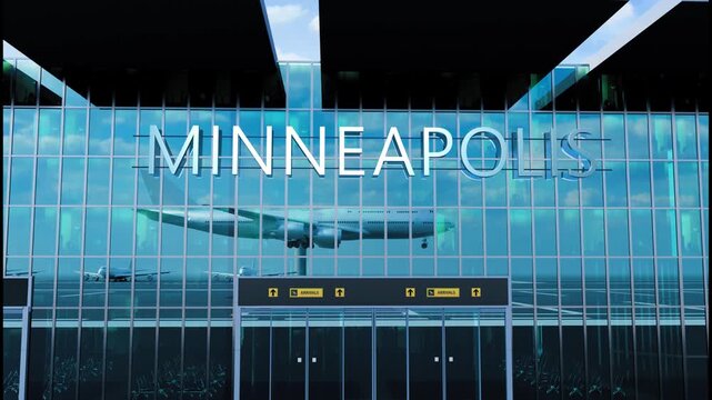 Airlane landing at Minneapolis, USA. Arrival in the city with reflection of airport and aircraft
