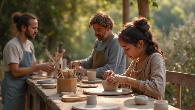 People painting pottery outdoors. Pottery workshop outdoor activities. Ultra-realistic pottery painting techniques. Creative pottery painting for beginners.