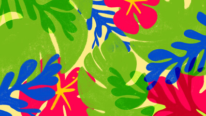 Bright hand drawn tropical leaves and hibiscus flowers on yellow summer background. Concept of summer sale, beach party, travel promo, vacation banner and tropical packaging design. © Lustre Art Group 
