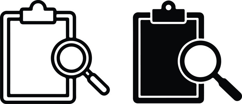 Conceptual depiction of thorough document analysis and data examination using a clipboard and magnifying glass symbolizing diligent research report evaluation and official record scrutiny.