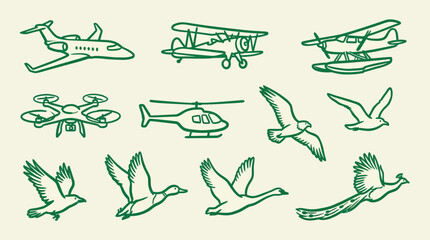 Collection of hand-drawn illustrations featuring various flying objects and birds, including airplanes, helicopters, drones, and different types of birds in flight. © logan