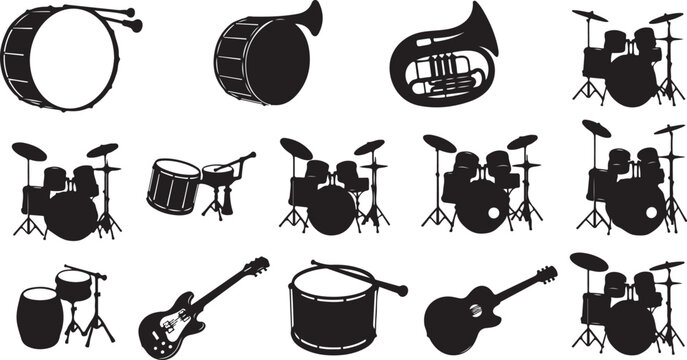 Musical instrument icon set drum and guitar silhouettes
