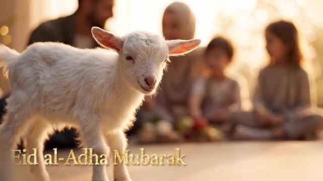 Eid al adha mubarak composition with focused goat and soft blurred family silhouettes