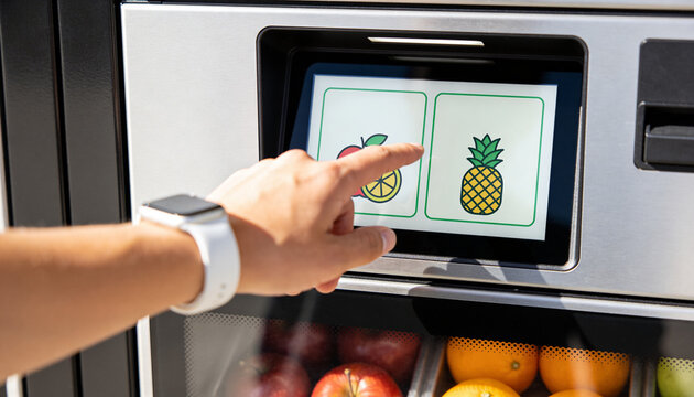 Hand touching a digital screen on a modern automated fruit vending machine.