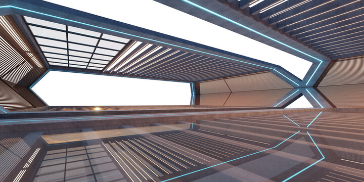 3d rendering futuristic empty hangar interior with neon lights
