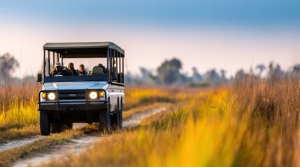 Fototapeta premium A safari vehicle drives through tall grasses under a beautiful sky at dusk