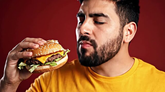 Man eating a cheeseburger with relish.