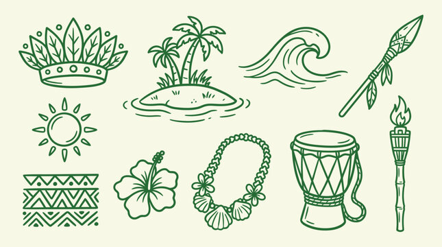 Set of hand-drawn Hawaiian and Polynesian tribal elements, including a crown, island, wave, spear, sun, border, hibiscus, lei, drum, and torch.