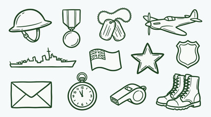 Collection of military and wartime themed doodle icons, including a helmet, medal, dog tags, airplane, warship, flag, star, badge, envelope, stopwatch, whistle, and boots. © logan