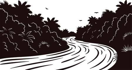 Lush jungle landscape with winding river and dense tropical foliage silhouette. © Sadhin