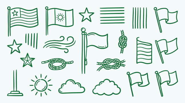 A collection of hand-drawn flag elements, including flags, stars, sun, clouds, and knots, in a doodle style.