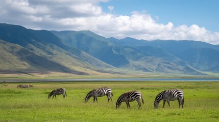 Naklejka premium A serene landscape featuring zebras grazing on lush grass with distant mountains and blue sky