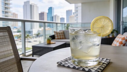 Obraz premium Refreshing iced drink with lemon on a high-rise balcony. Cold cocktail with city skyline view. Urban lifestyle and relaxation concept