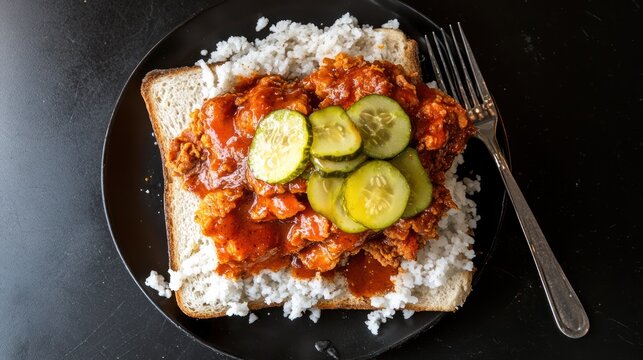 Overhead view of a fried chicken sandwich with sauce and pickles, on a plate
