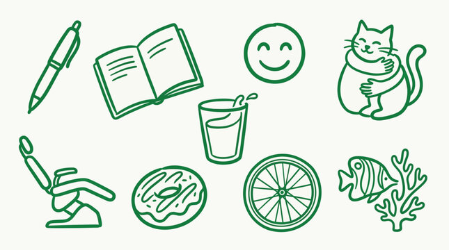 Collection of various line art icons including a pen, book, smiley face, cat, drink, dental chair, donut, wheel, and fish with coral.