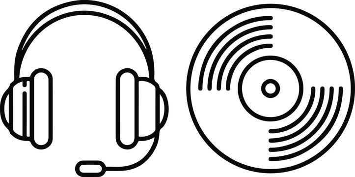 Outline depiction of audio technology a contemporary communication headset with microphone alongside a classic vinyl album blending advanced sound delivery with nostalgic music playback for diverse en
