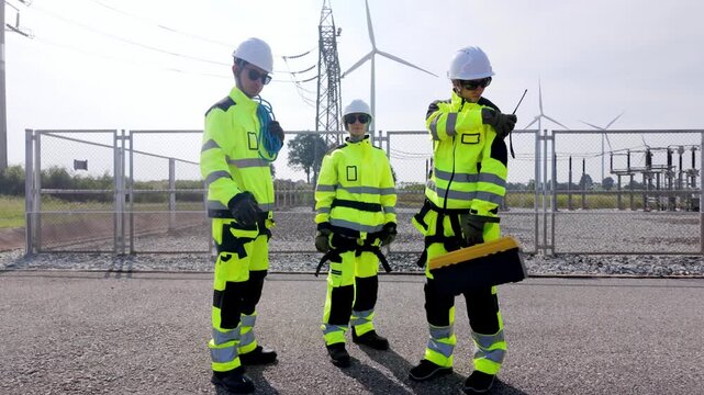 Energy workers in high-visibility gear at wind farm and substation