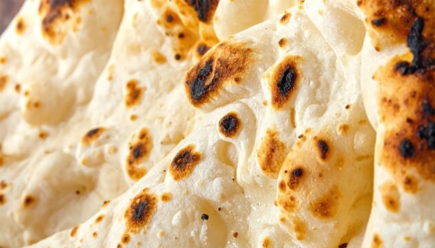 Close-up of Deliciously Baked Naan Bread with Charred Bubbles.