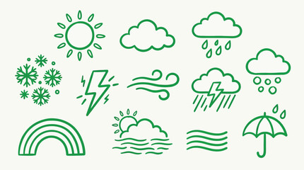 Fototapeta premium Weather Icons Set: Sun, Clouds, Rain, Snow, Lightning, Wind, Rainbow, and Sea Waves.