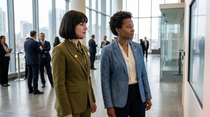 Fototapeta premium Professional women in business attire at a corporate event. Diverse female diplomats in a modern office with city skyline view. International relations and leadership concept
