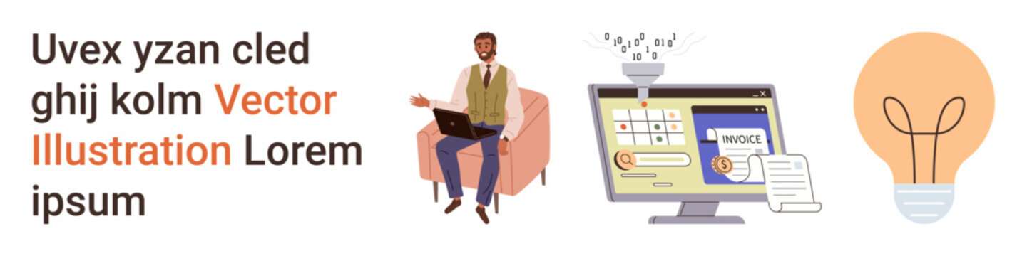 Identity verification, online security, tech innovation, creative solutions, digital tools, entrepreneurship. A man with a laptop, a computer with authentication UI and a lightbulb. Identity
