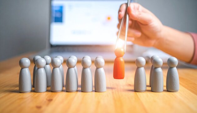 Selective recruitment concept featuring a hand with tweezers picking a standout orange wooden figure among grey peers. Perfect for HR, leadership, and professional talent management marketing.