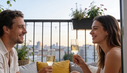 Obraz premium Young couple toasting with wine on a balcony at sunset. Romantic date night in the city. Man and woman clinking glasses with city skyline background. Urban lifestyle and celebration