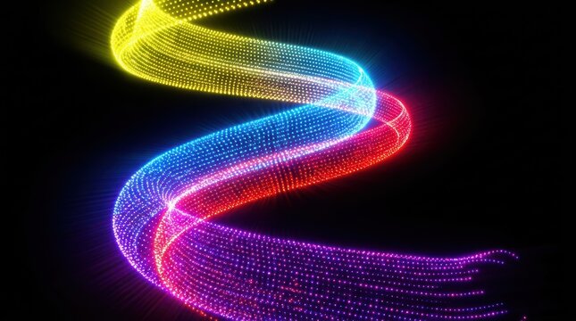 Abstract flowing wave of glowing light dots forming colorful swirl against dark backdrop.