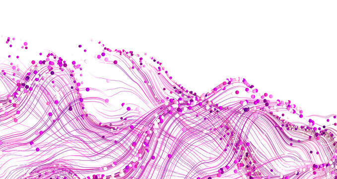 Abstract digital art with flowing purple lines and scattered pink and purple particles on a clean wh