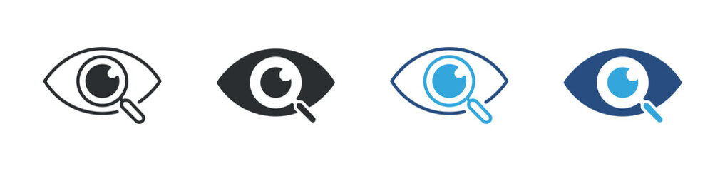 Obraz premium Eye magnifier icon set. vision search with zoom tool. inspection and analysis concept. vector illustration.