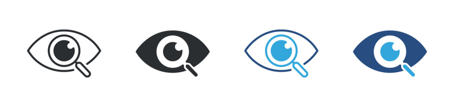Eye magnifier icon set. vision search with zoom tool. inspection and analysis concept. vector illustration.