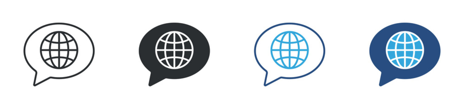 Global communication icon set. speech bubble with globe. worldwide connection and messaging concept. vector illustration.