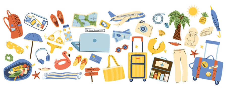 Vacation plane luggage elements for tropical vibe in cartoon flat style. Travel by plane items and beach seaside elements. Summer vacation essentials and accessories for travel planning.